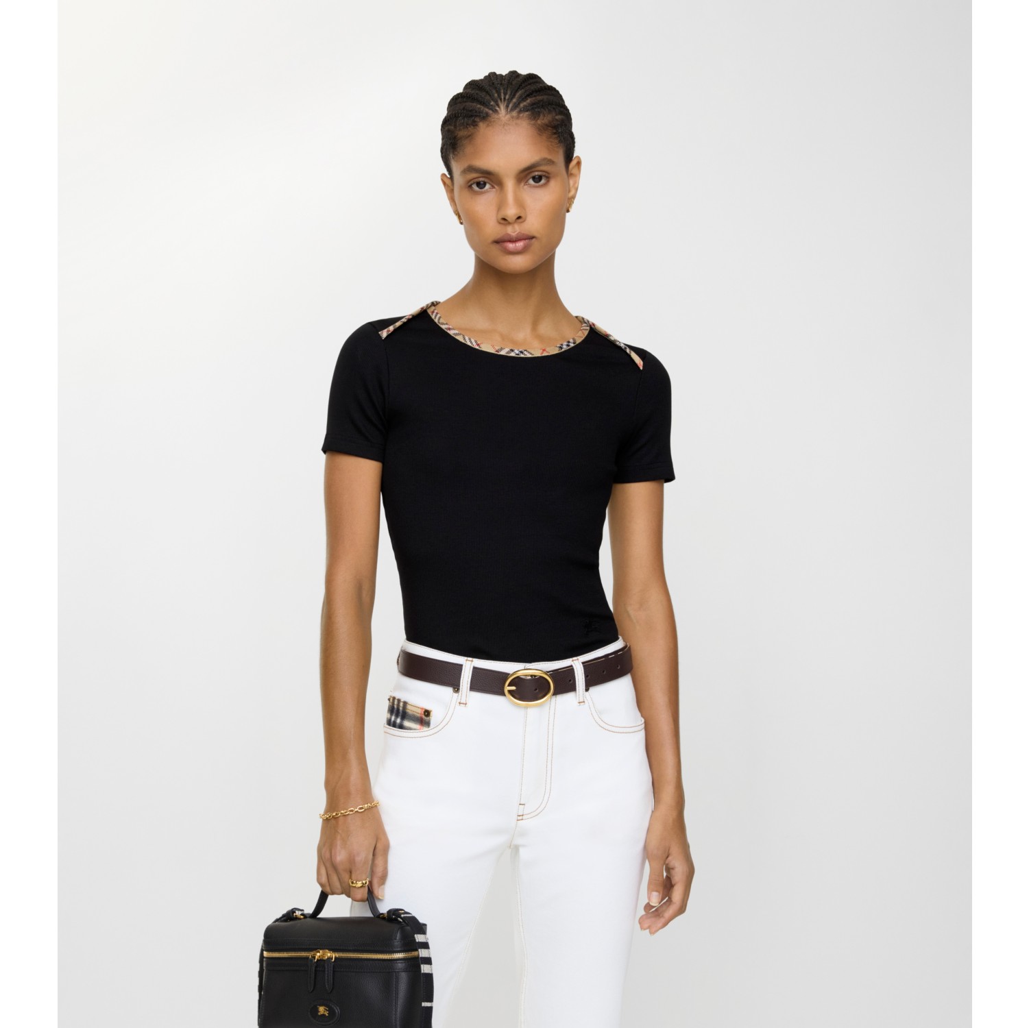 格纹装饰弹力棉质 T 恤衫