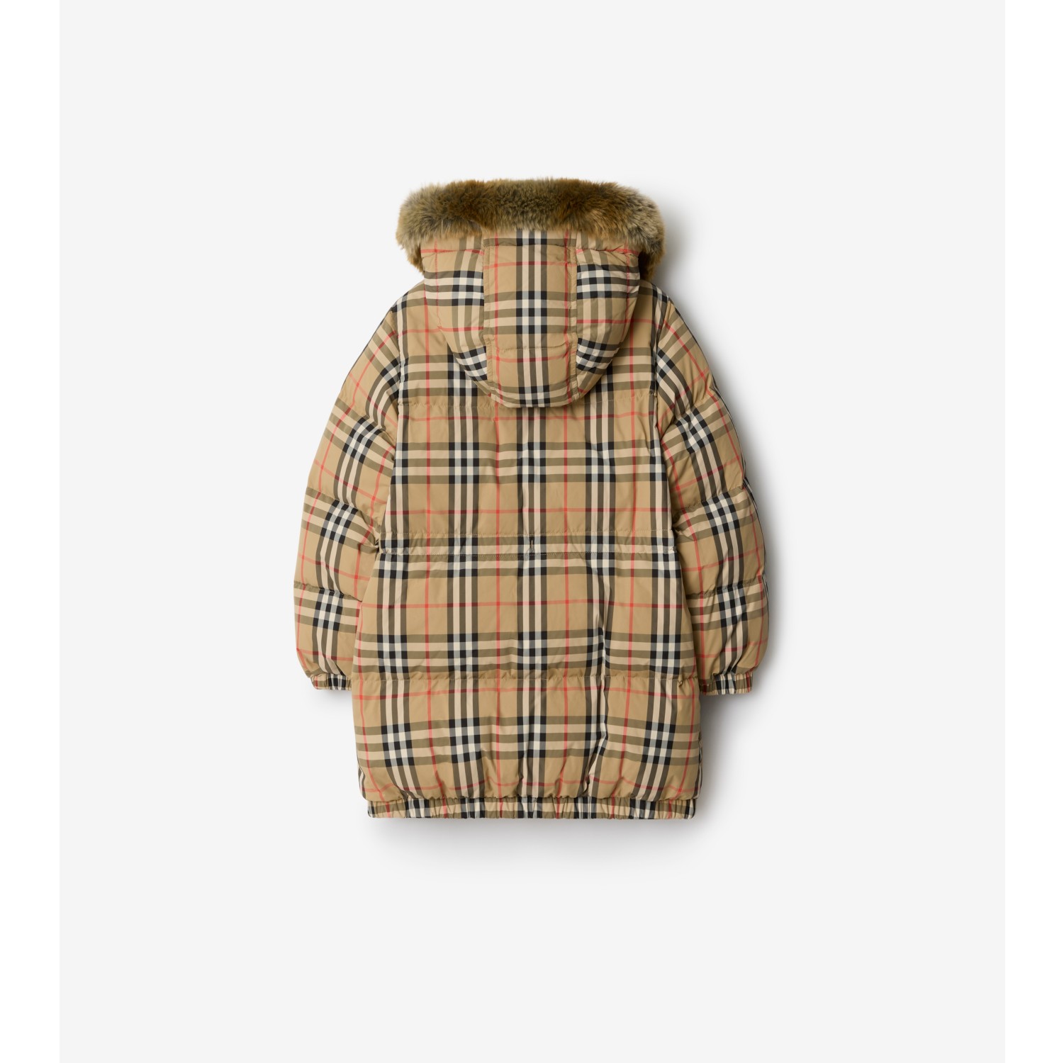 人造皮草装饰格纹尼龙羽绒服