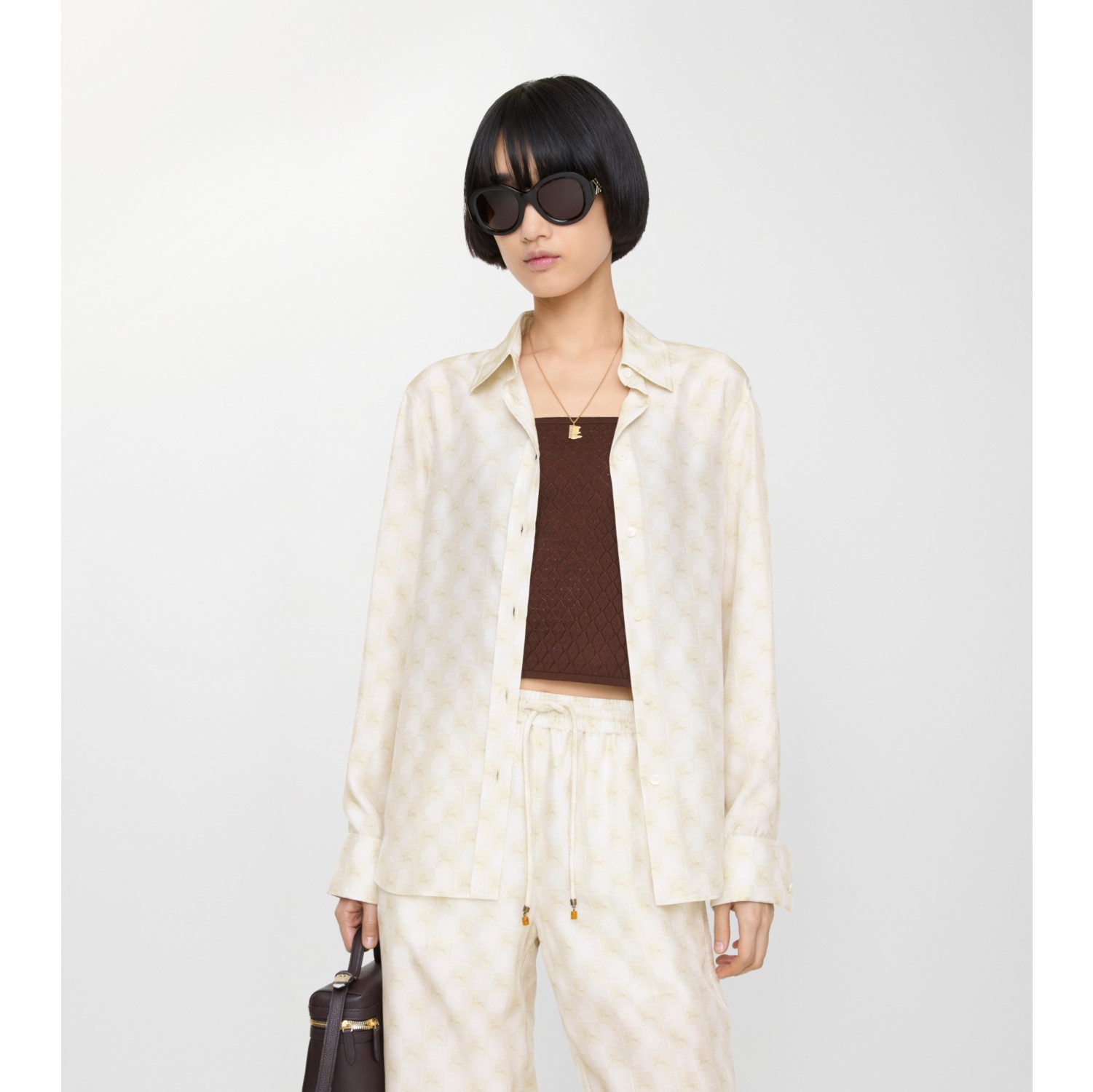 常规版型马术骑士徽标棋盘格丝质衬衫