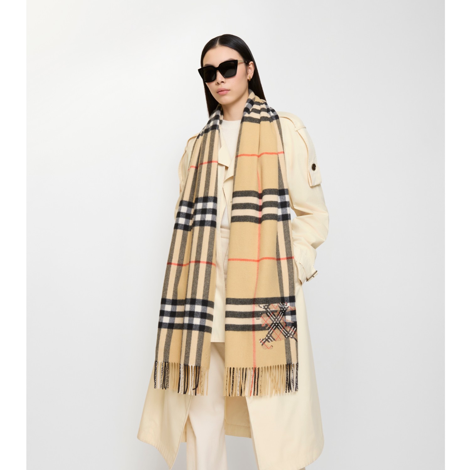 宽版十字绣马术骑士徽标格纹羊绒围巾