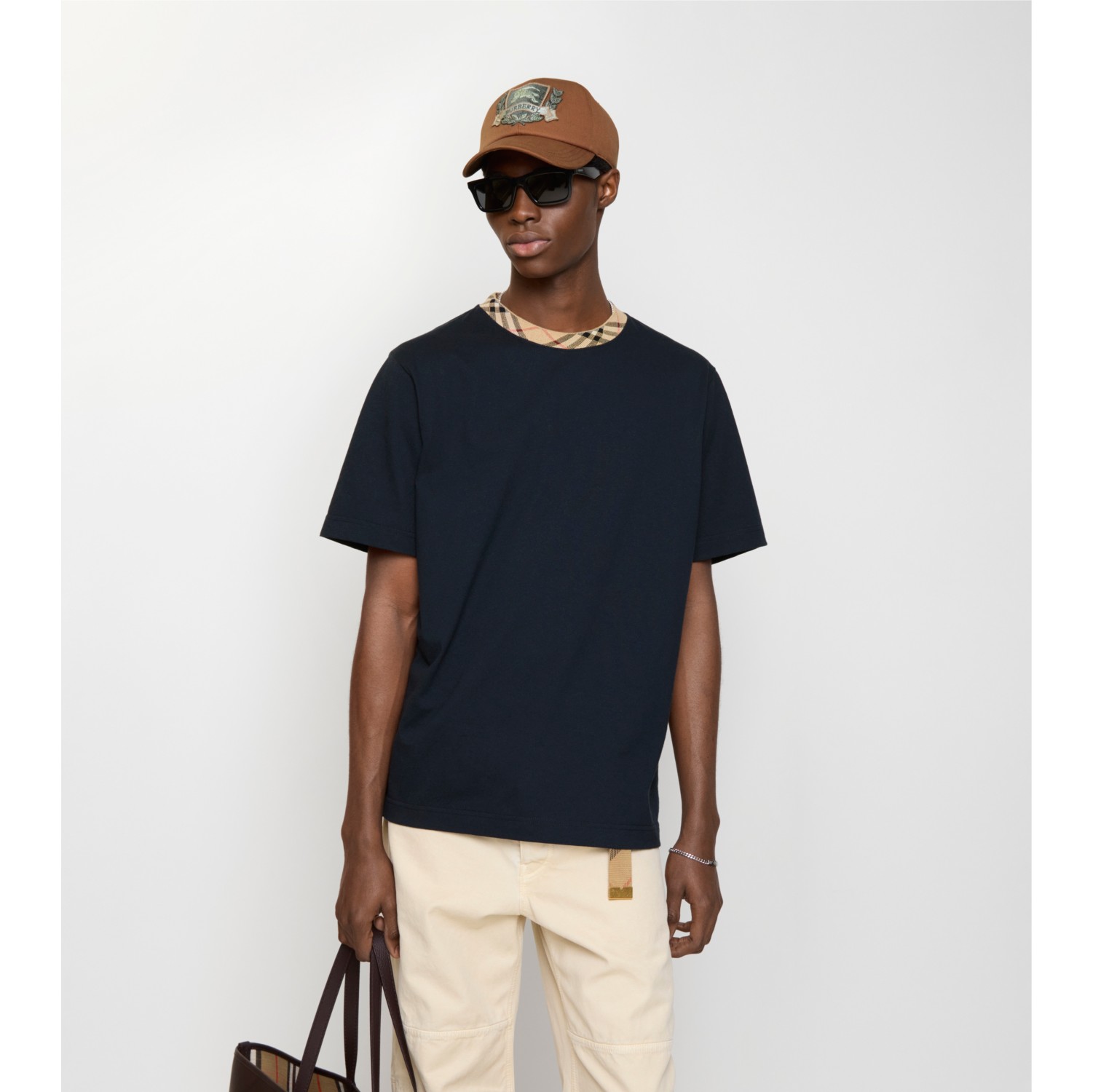 格纹装饰棉质 T 恤衫