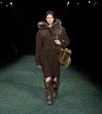 Model in Shearling trim wool duffle coat in camp