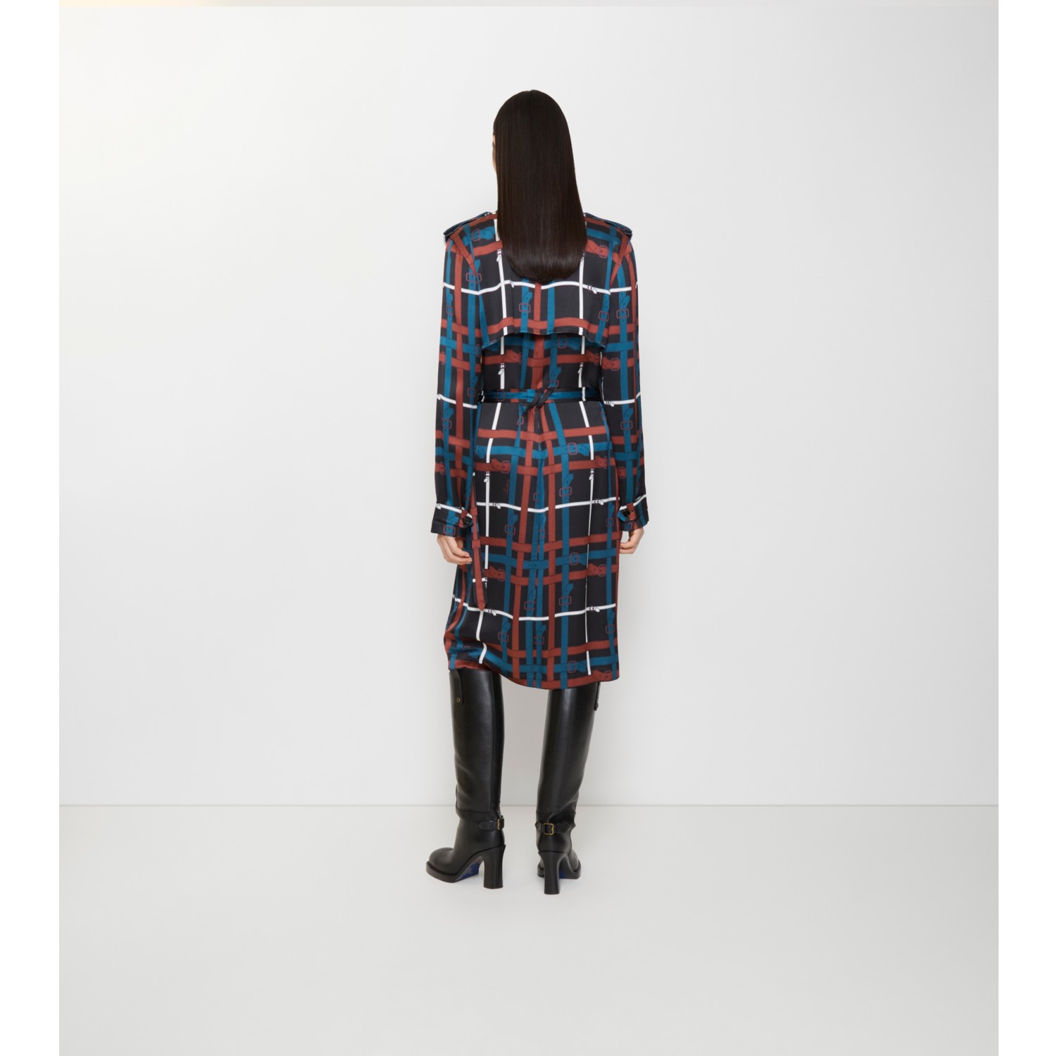 腰带格纹印花粘胶纤维 Trench 连衣裙