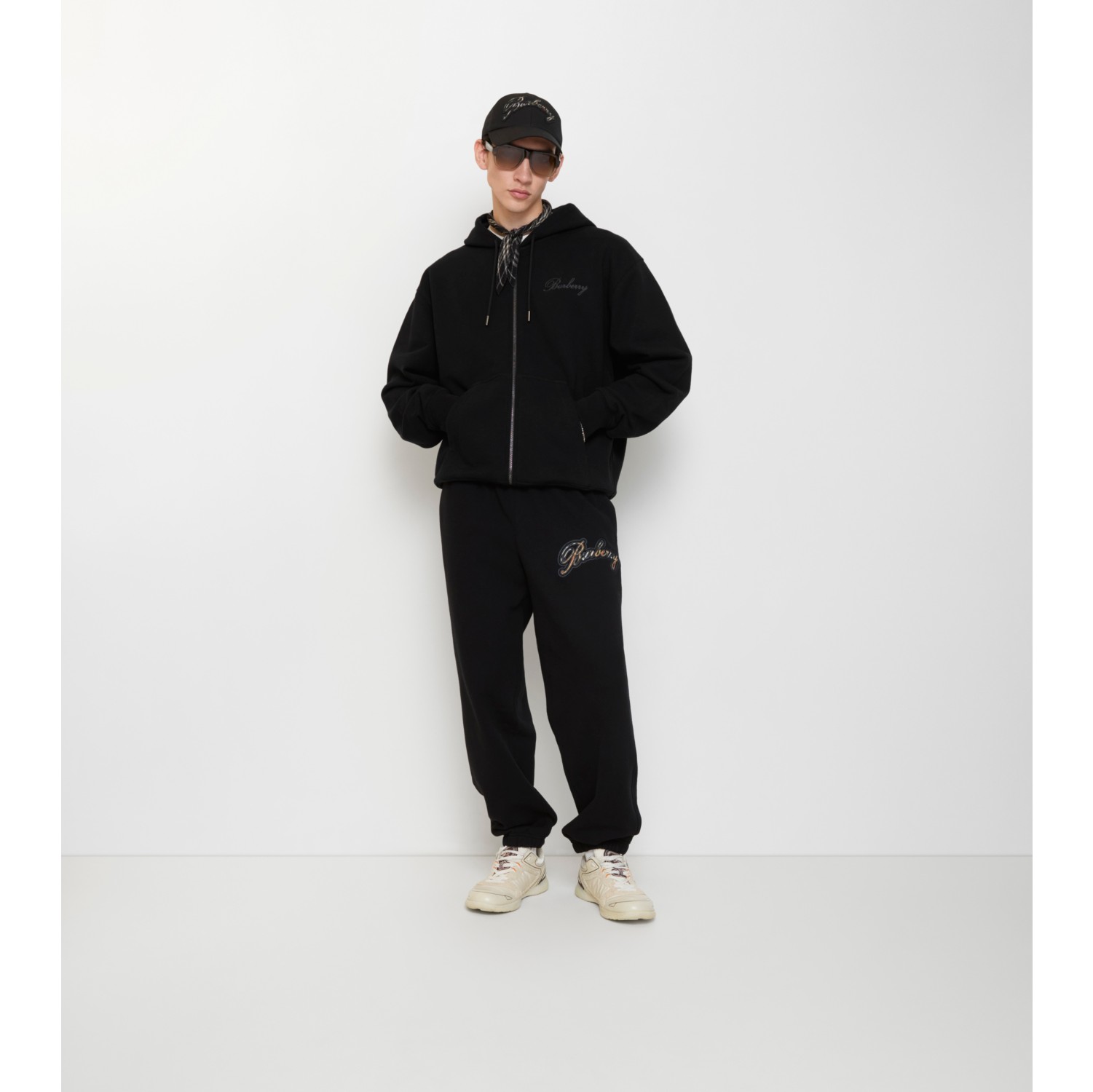 格纹草书徽标装饰棉质慢跑裤