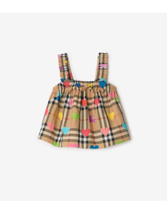 心形图案拼格纹棉质上衣