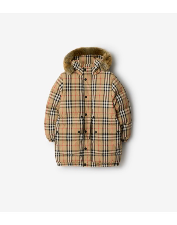 人造皮草装饰格纹尼龙羽绒服