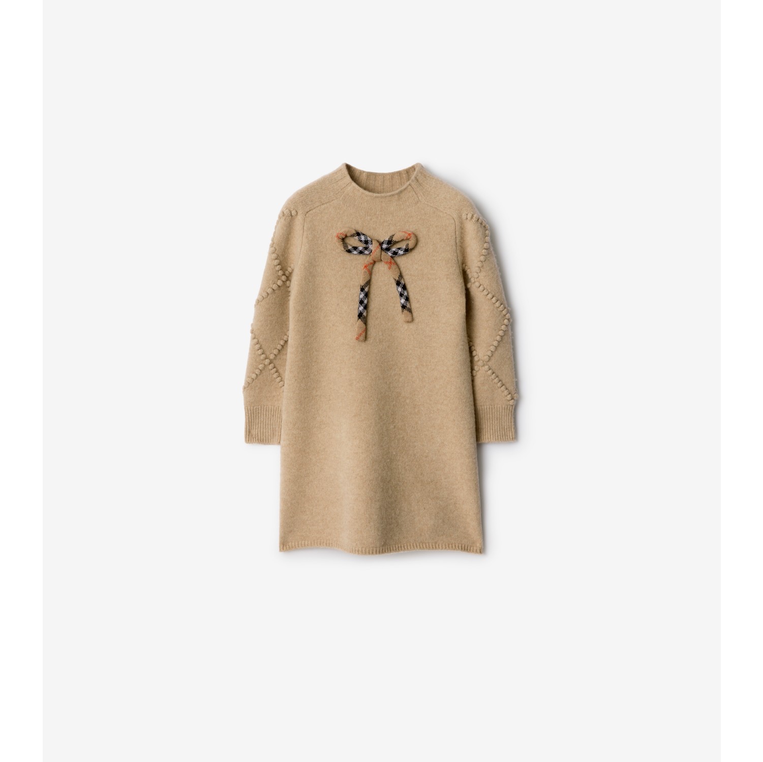 格纹蝴蝶结装饰羊毛羊绒混纺连衣裙