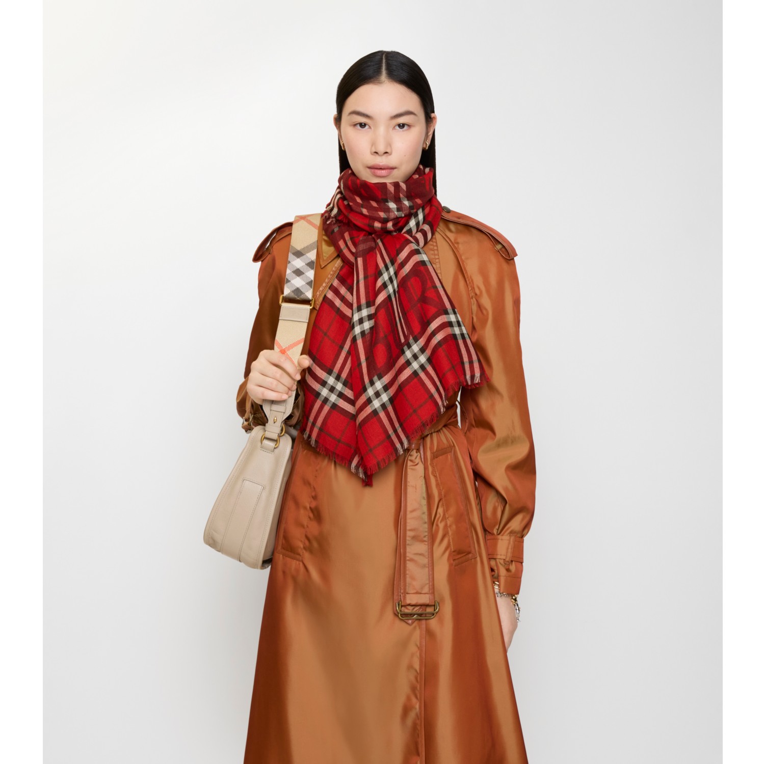 马术骑士徽标格纹丝毛混纺宽版围巾