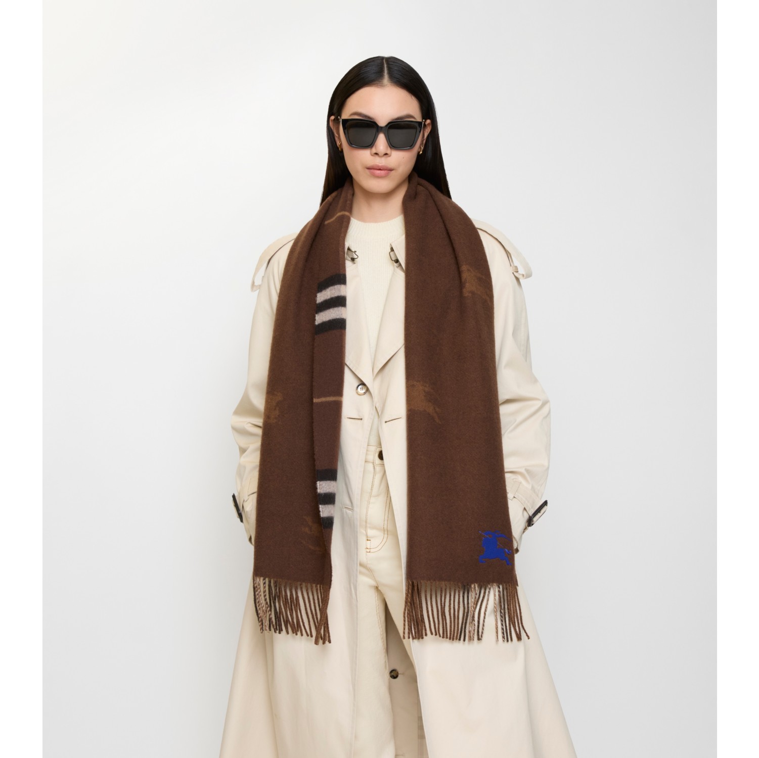 双面两用马术骑士徽标拼格纹羊绒围巾