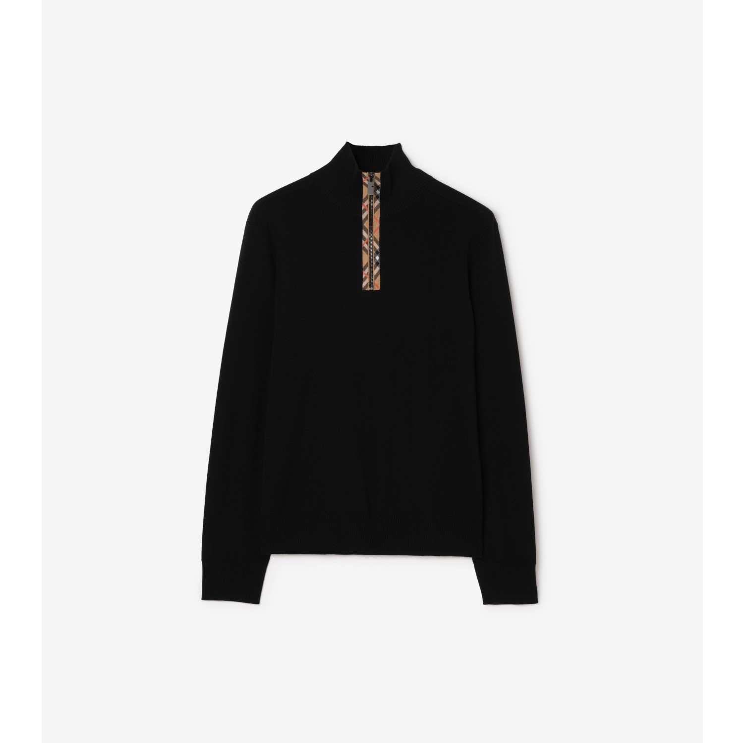 格纹装饰羊毛半拉链针织衫