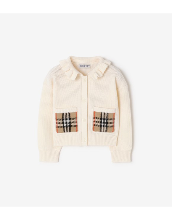 格纹口袋棉质羊毛混纺开衫