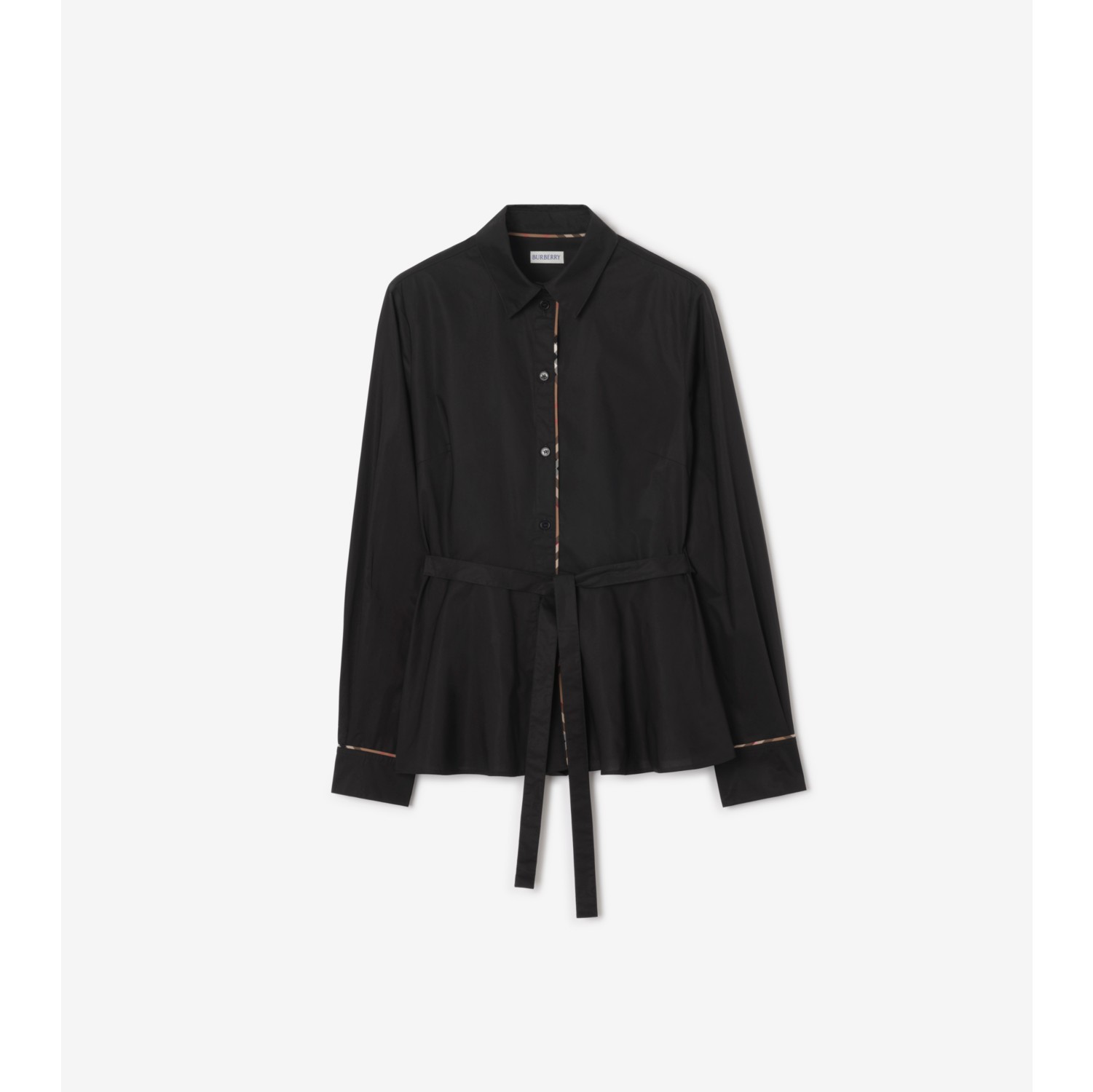 束带格纹装饰棉质衬衫