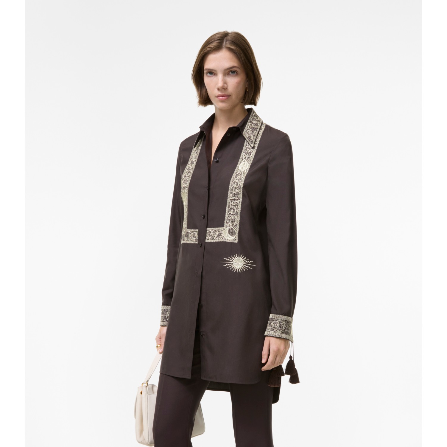 刺绣丝质衬衫式连衣裙