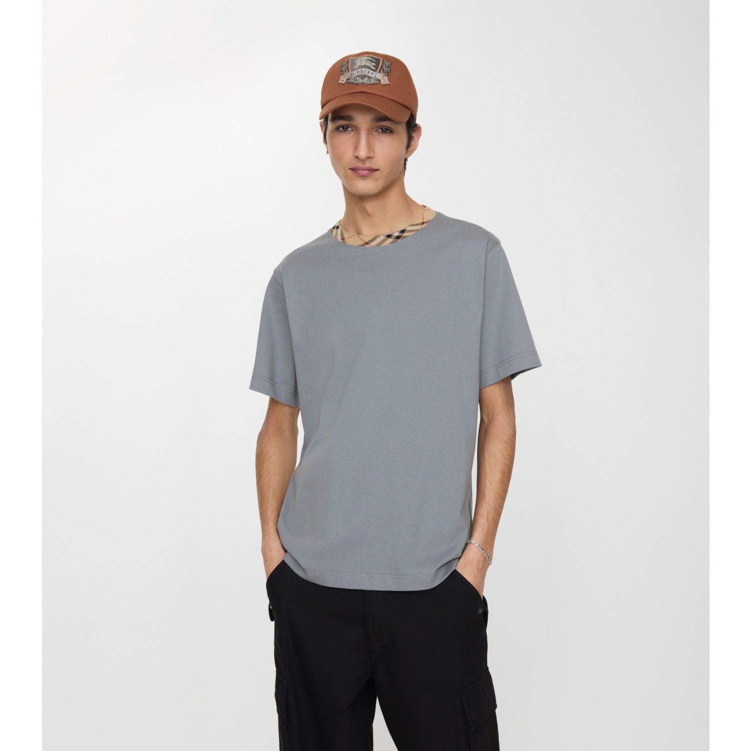 格纹装饰棉质 T 恤衫