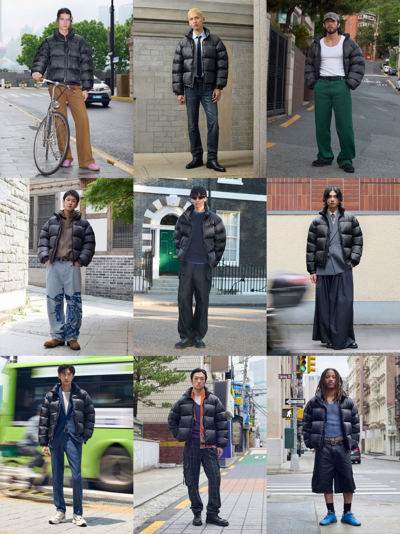 九张图片中，不同个性的人物和Burberry员工身穿黑色格纹尼龙Highlands羽绒服