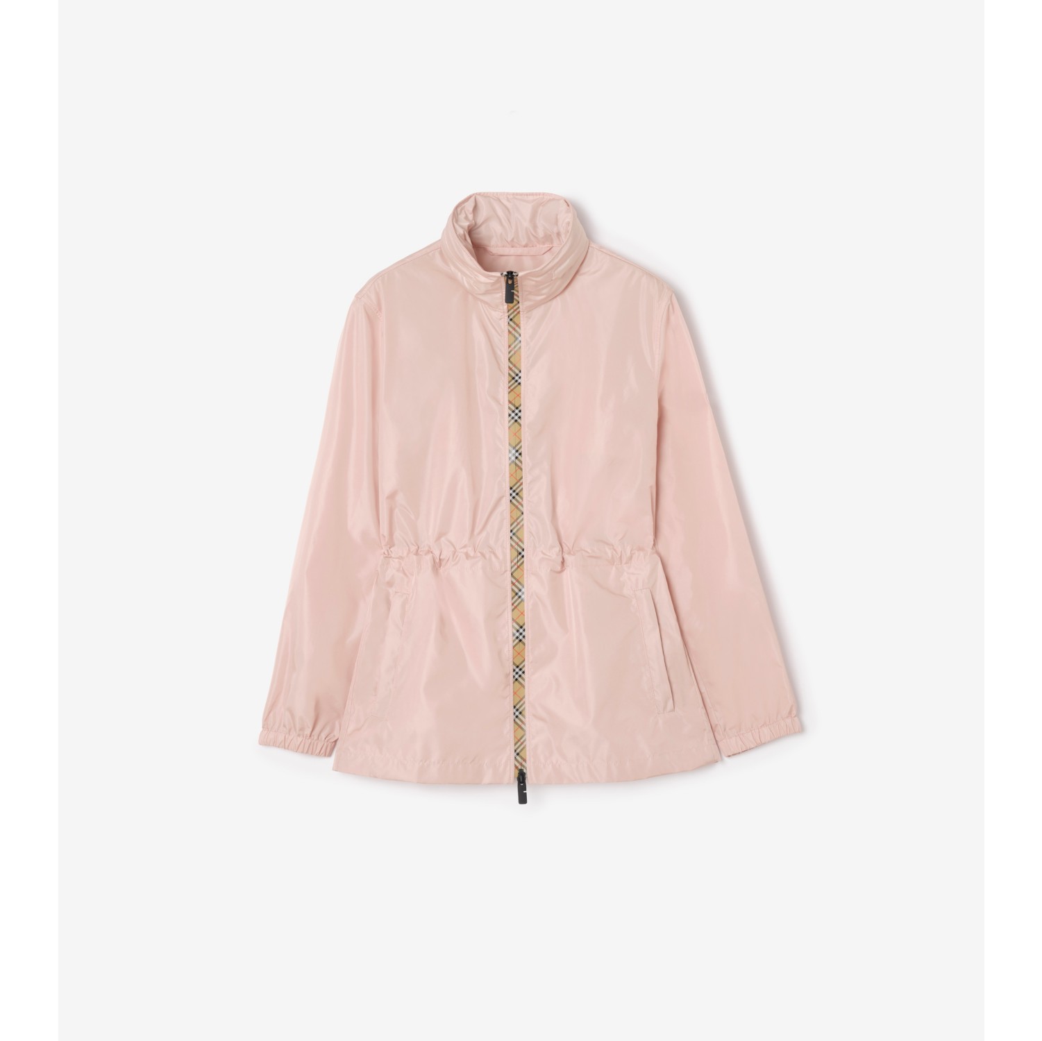 格纹饰带短款尼龙风雪大衣