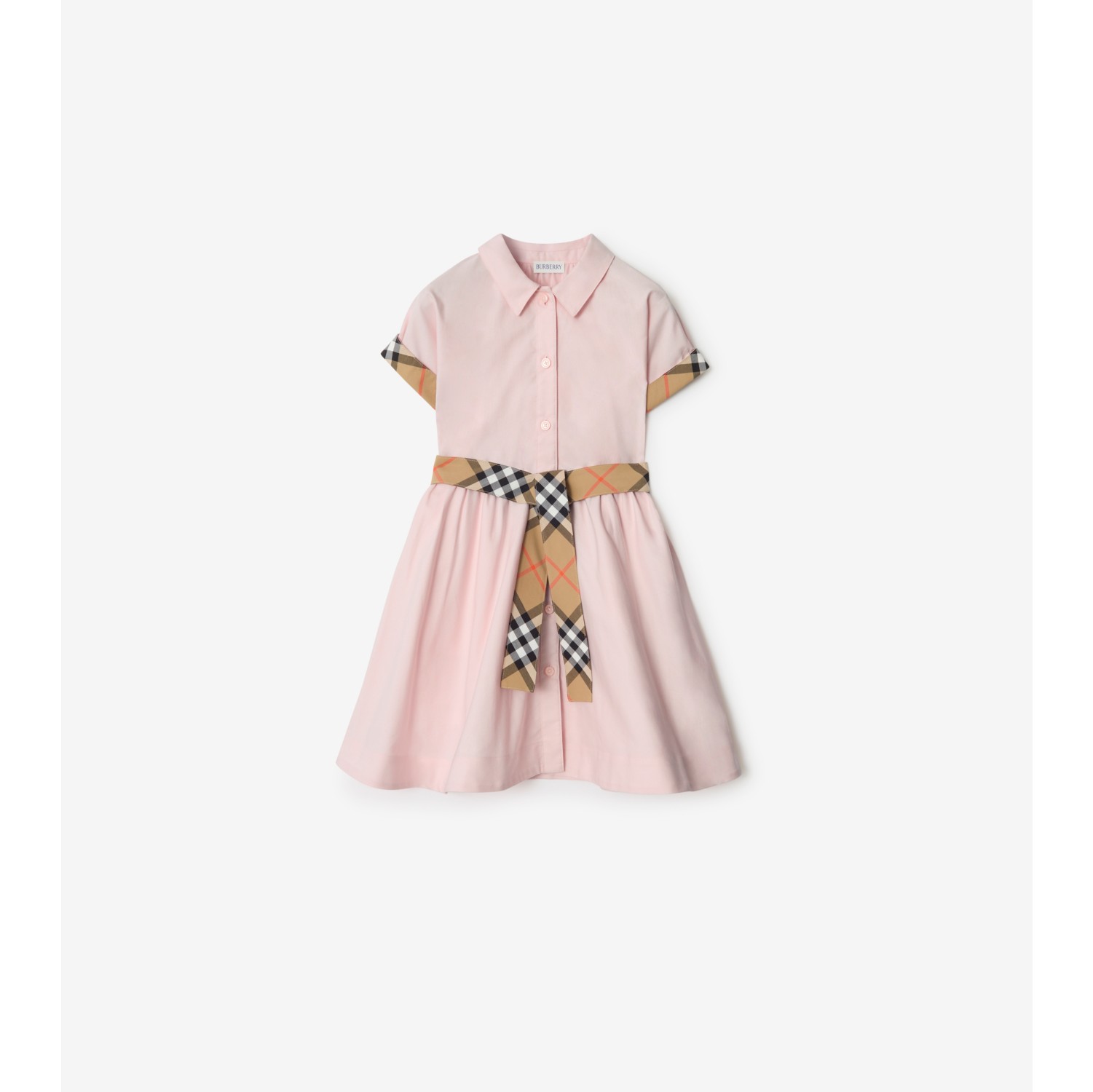 格纹装饰棉质衬衫式连衣裙