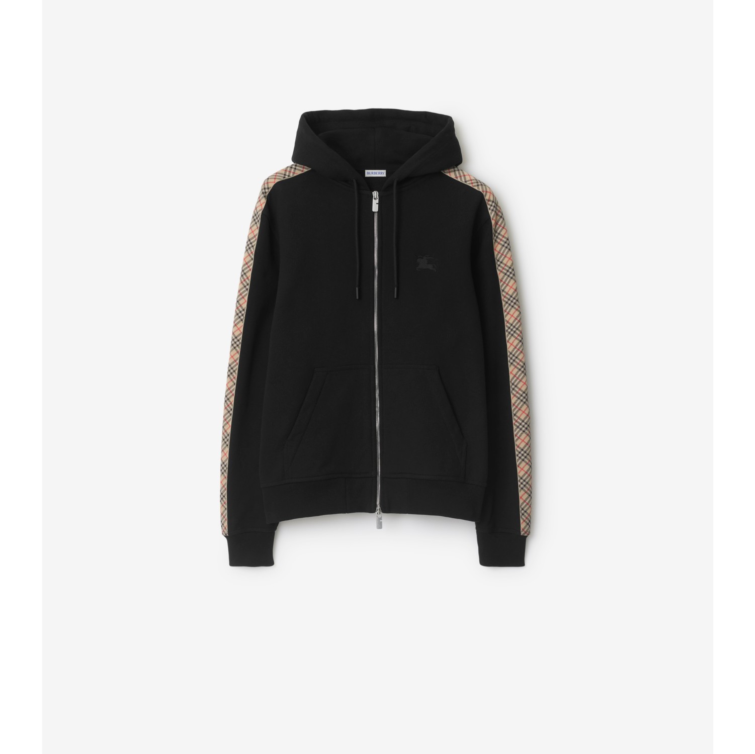 格纹装饰棉质拉链连帽衫