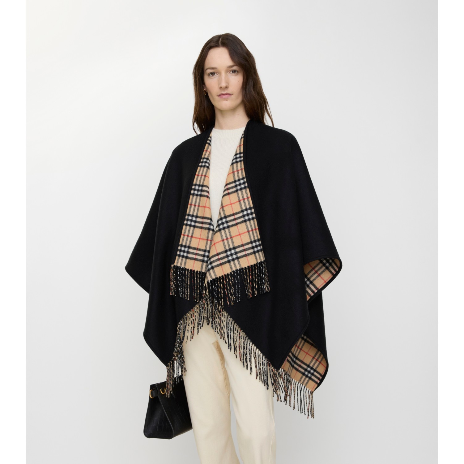 双面两穿格纹羊毛斗篷