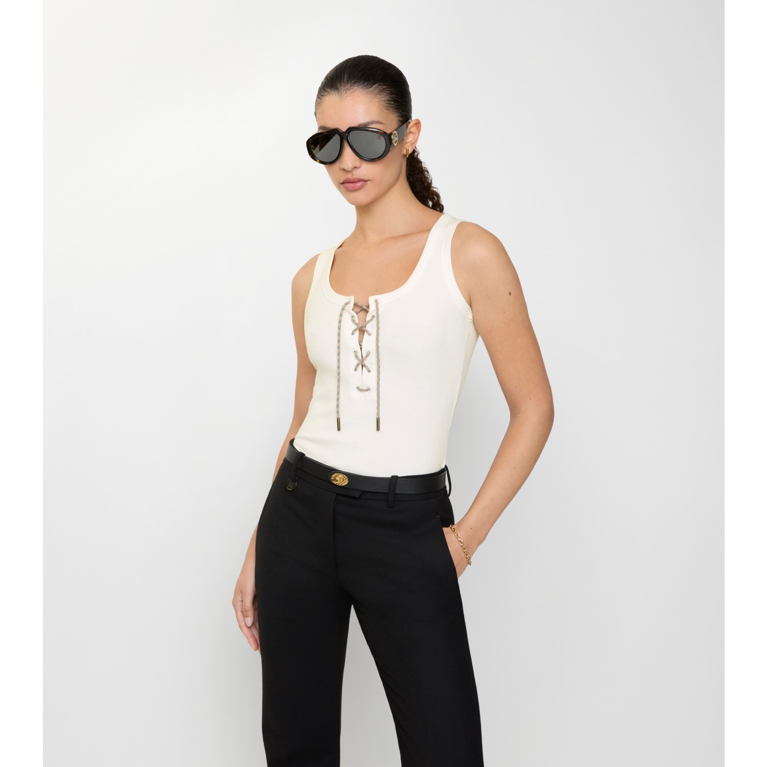 格纹装饰棉质混纺背心