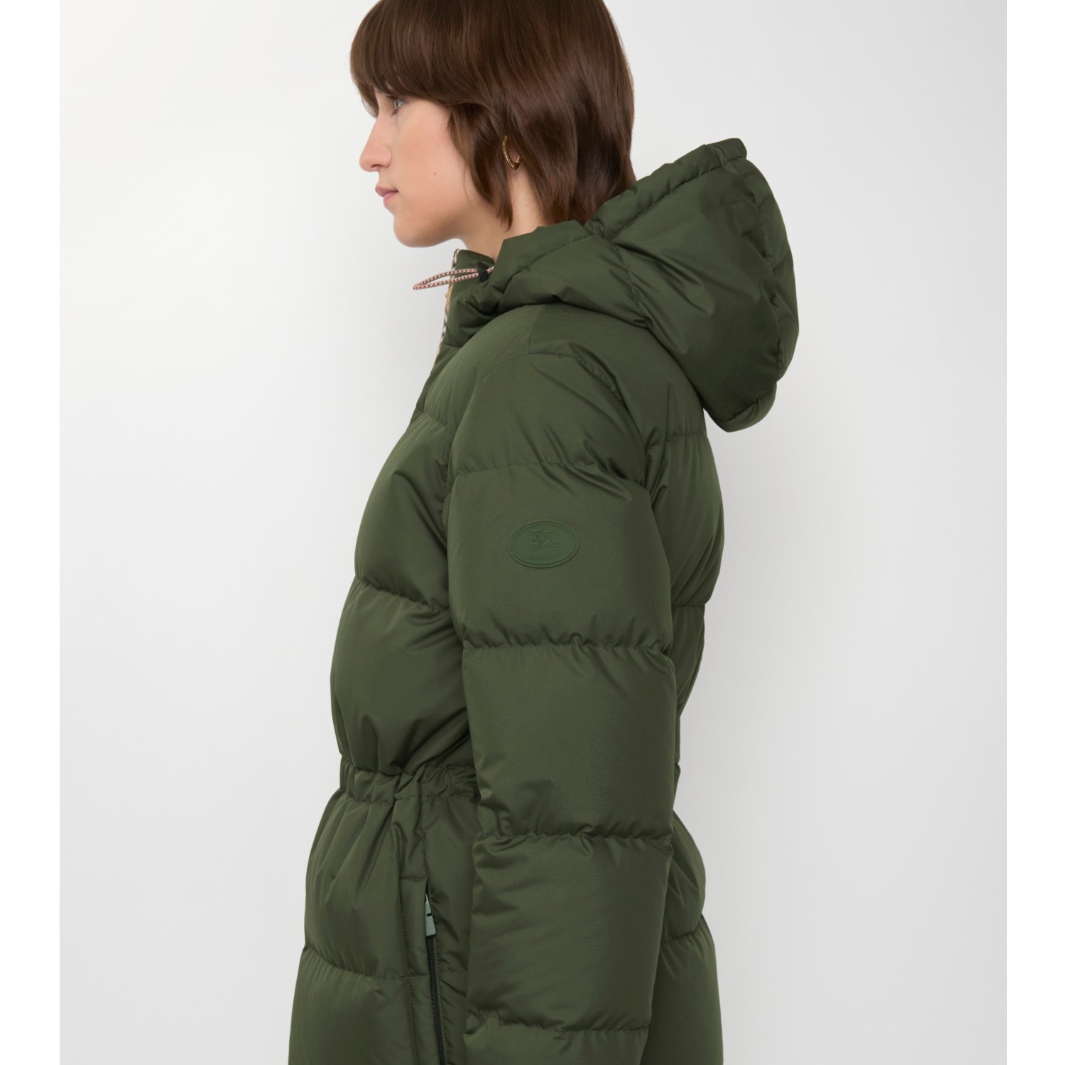 格纹装饰尼龙连帽羽绒服