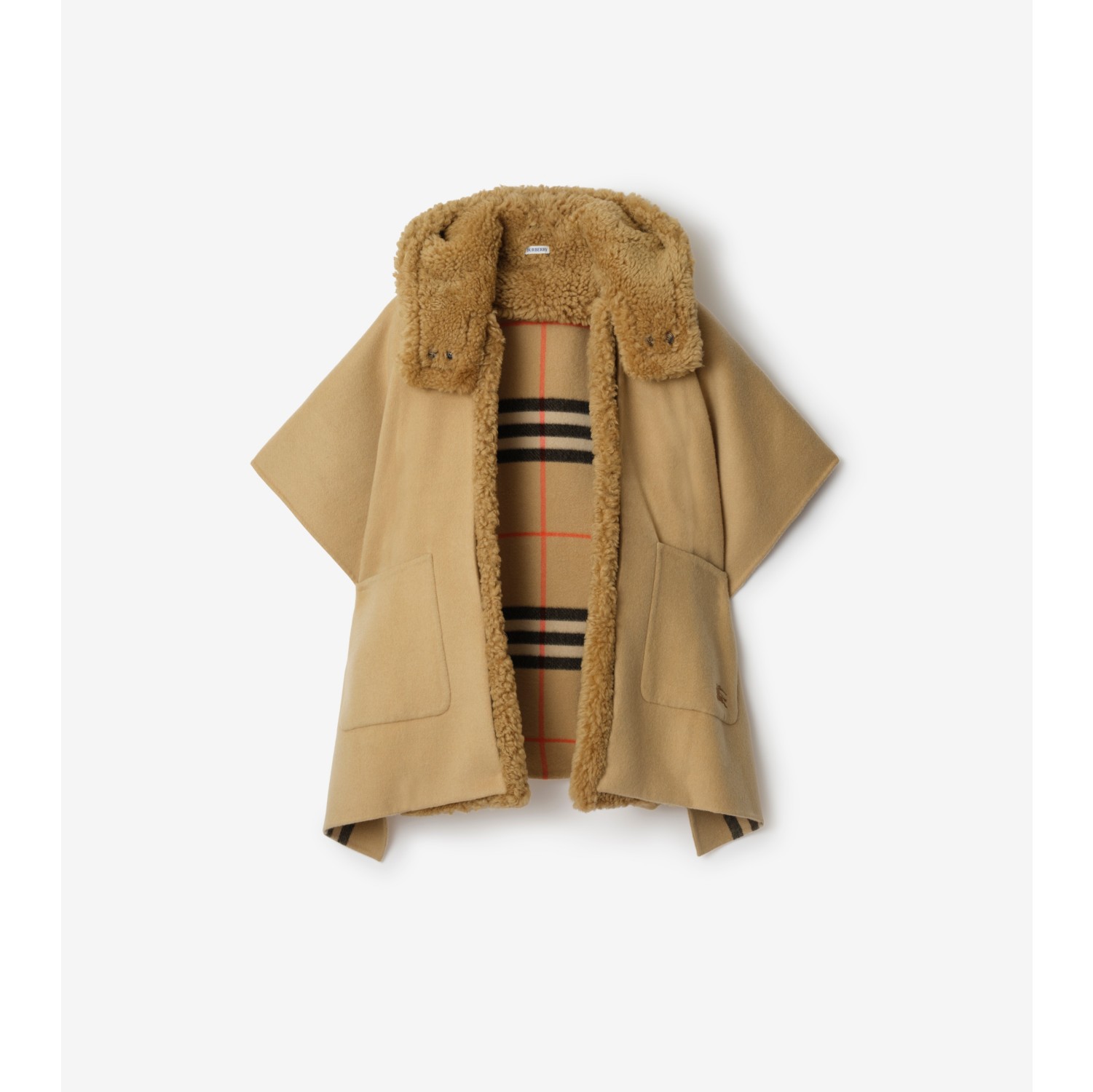 双面两穿毛羊皮装饰格纹羊绒斗篷