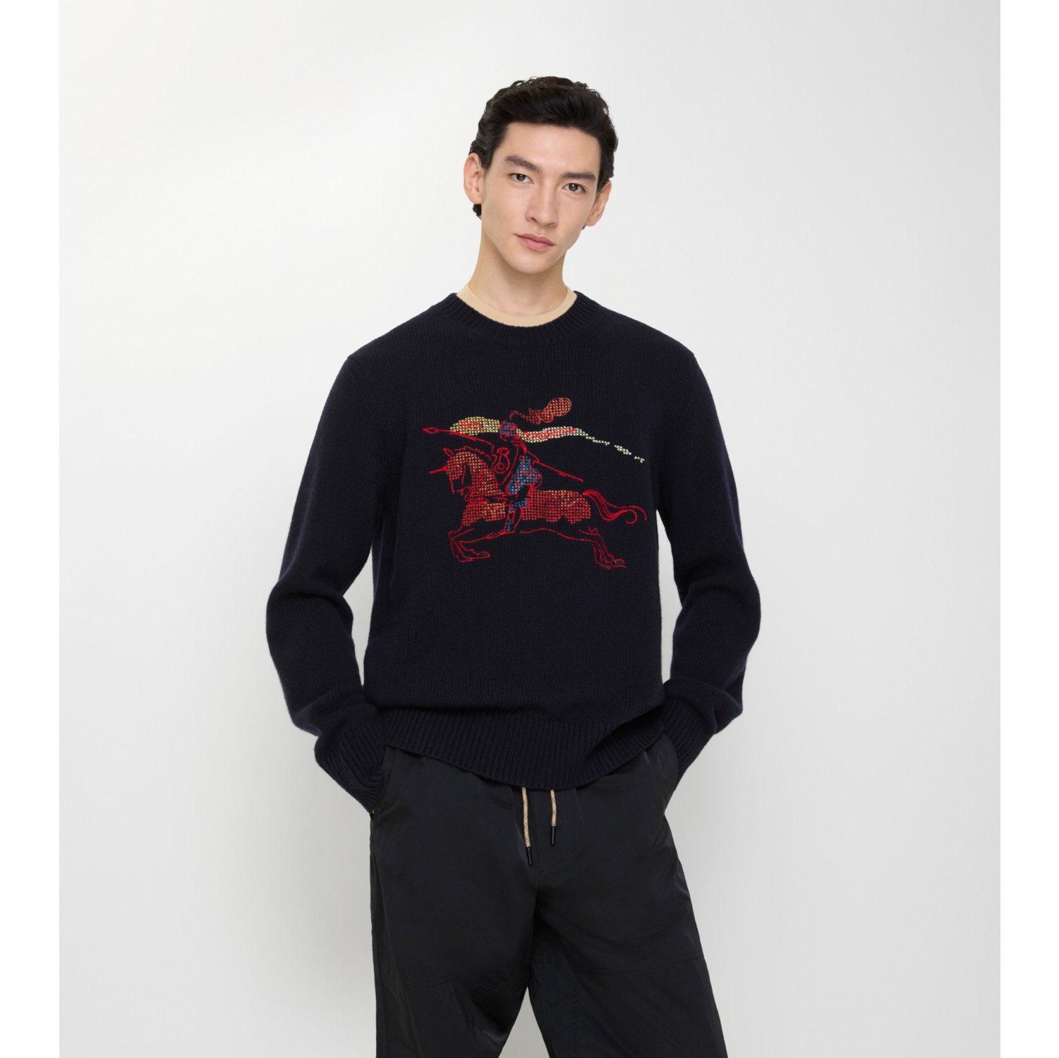 十字绣马术骑士徽标羊毛混纺针织衫