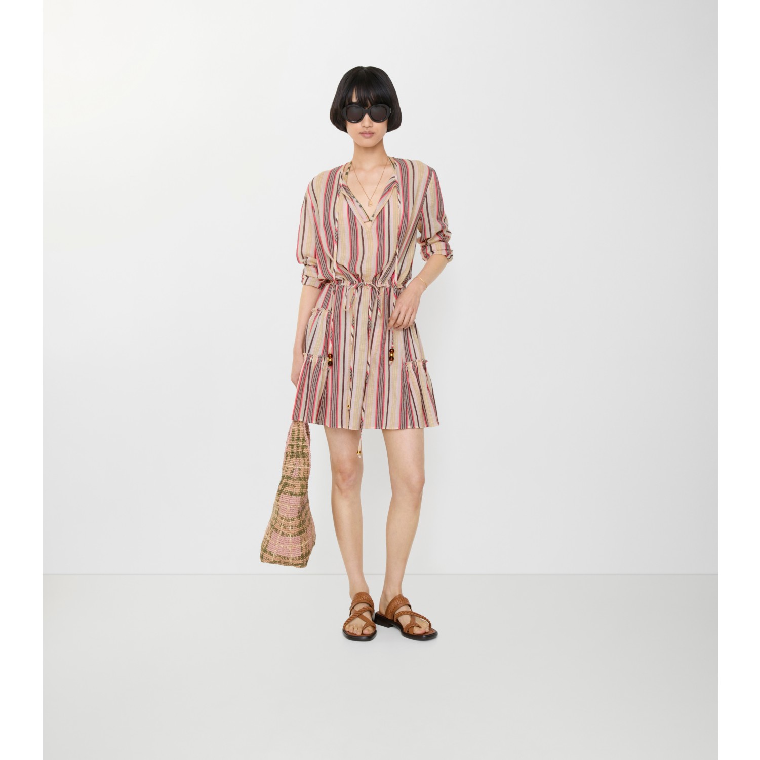 条纹棉质薄纱连衣裙