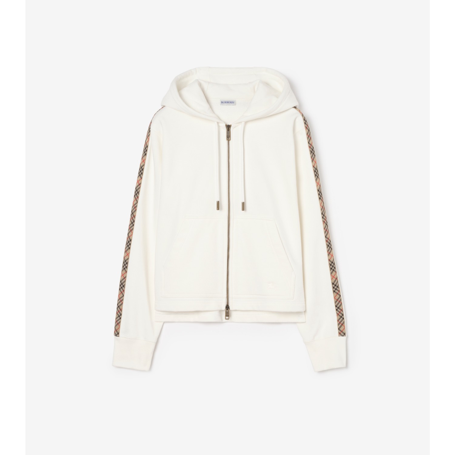 格纹装饰棉质拉链连帽衫