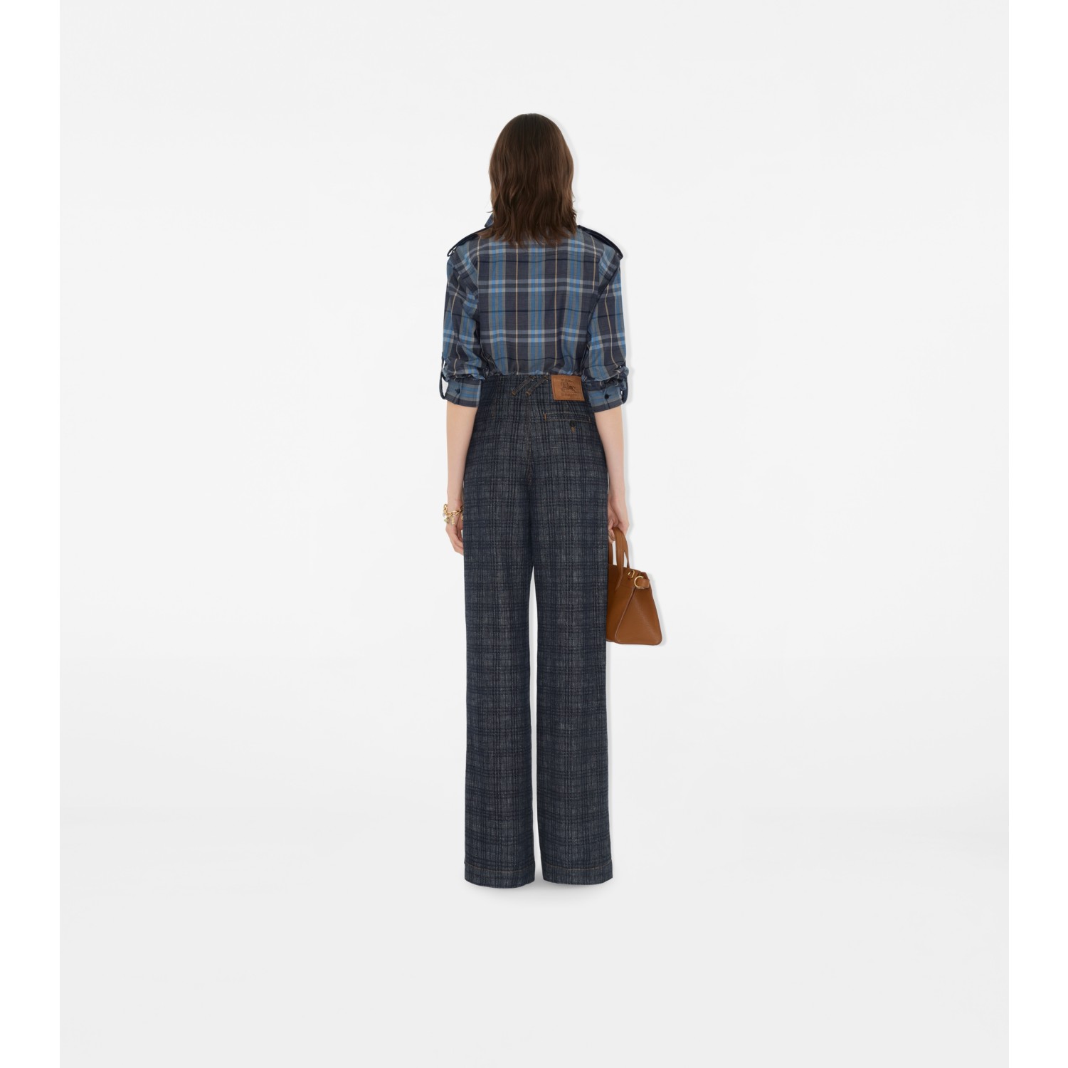 高腰宽版格纹牛仔裤