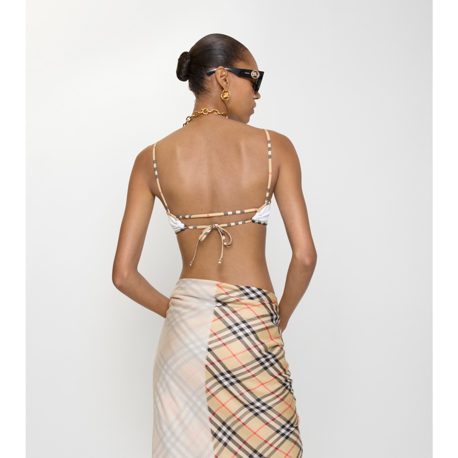 格纹饰边比基尼上衣