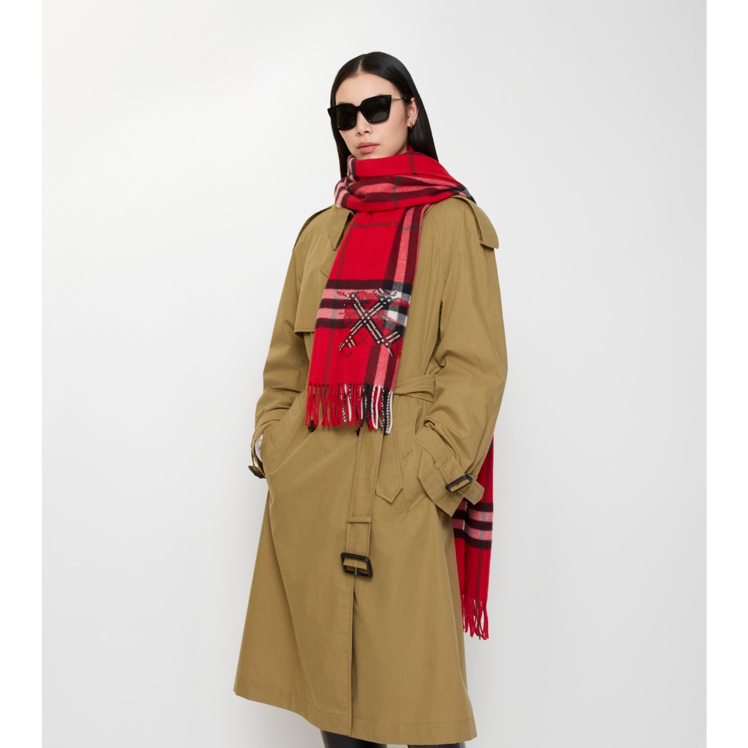 宽版十字绣马术骑士徽标格纹羊绒围巾