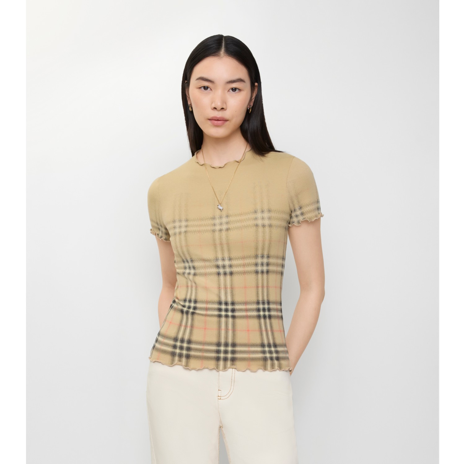 渐变格纹弹力棉质上衣