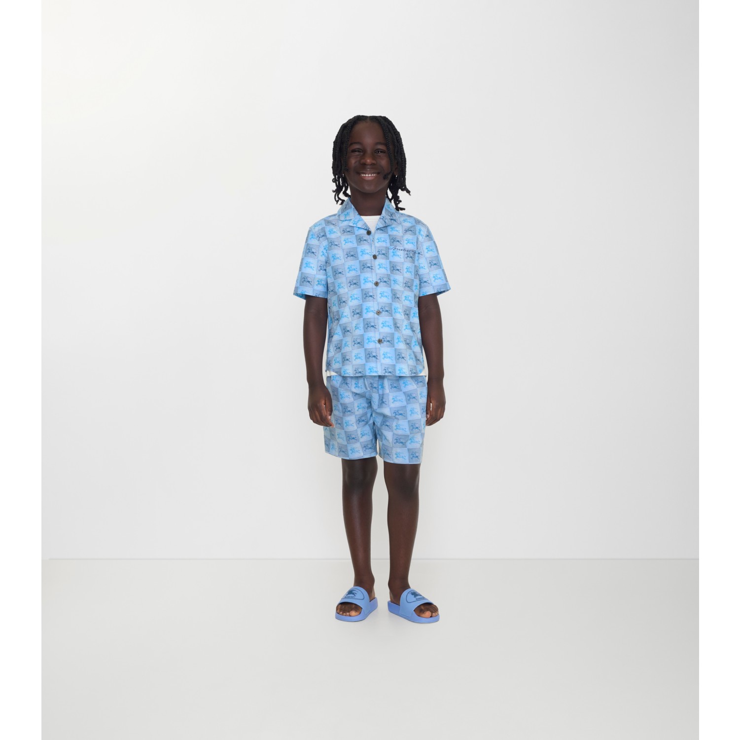 马术骑士徽标棋盘格印花棉质衬衫