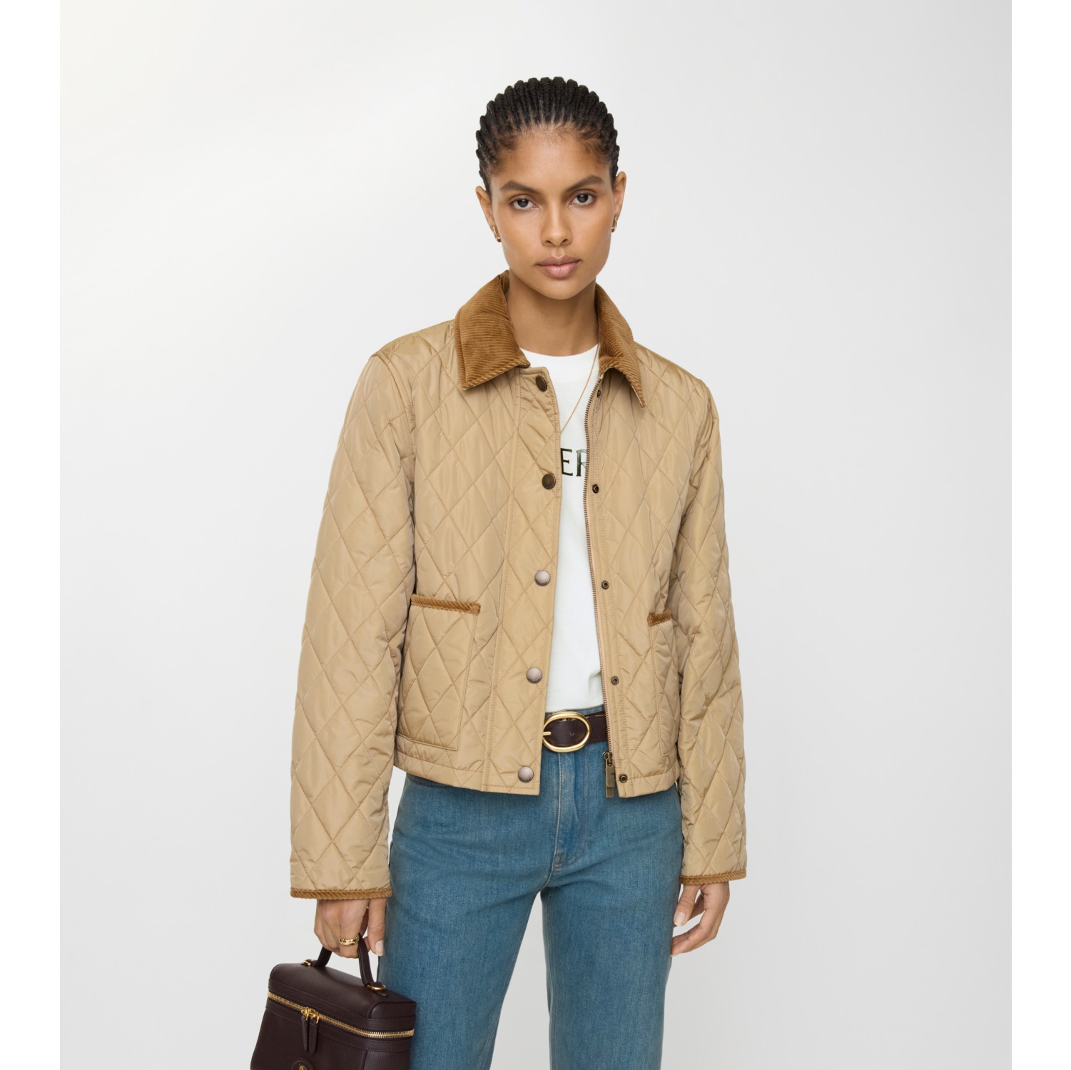 及腰短款绗缝尼龙夹克