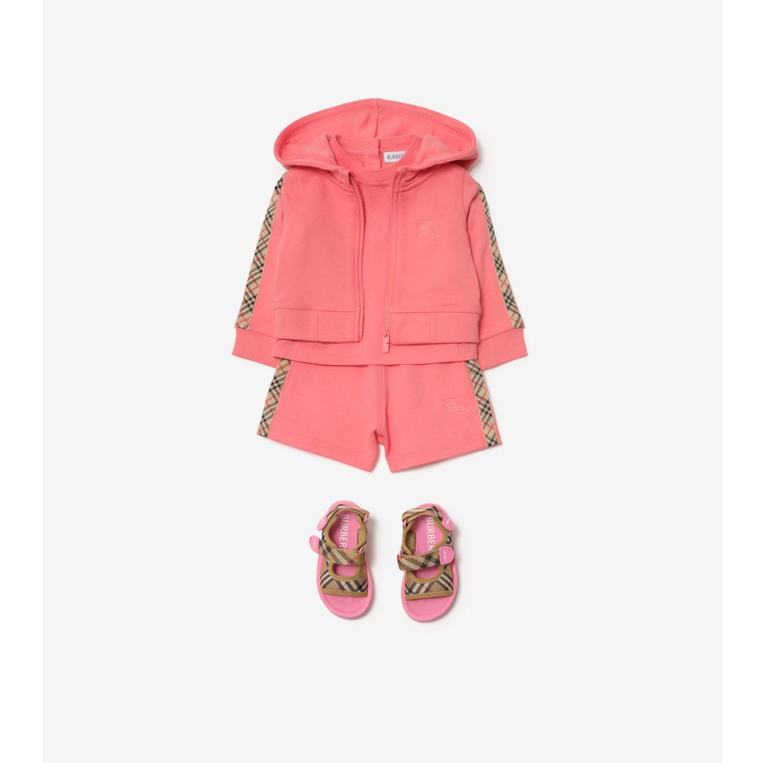 格纹装饰棉质拉链连帽衫