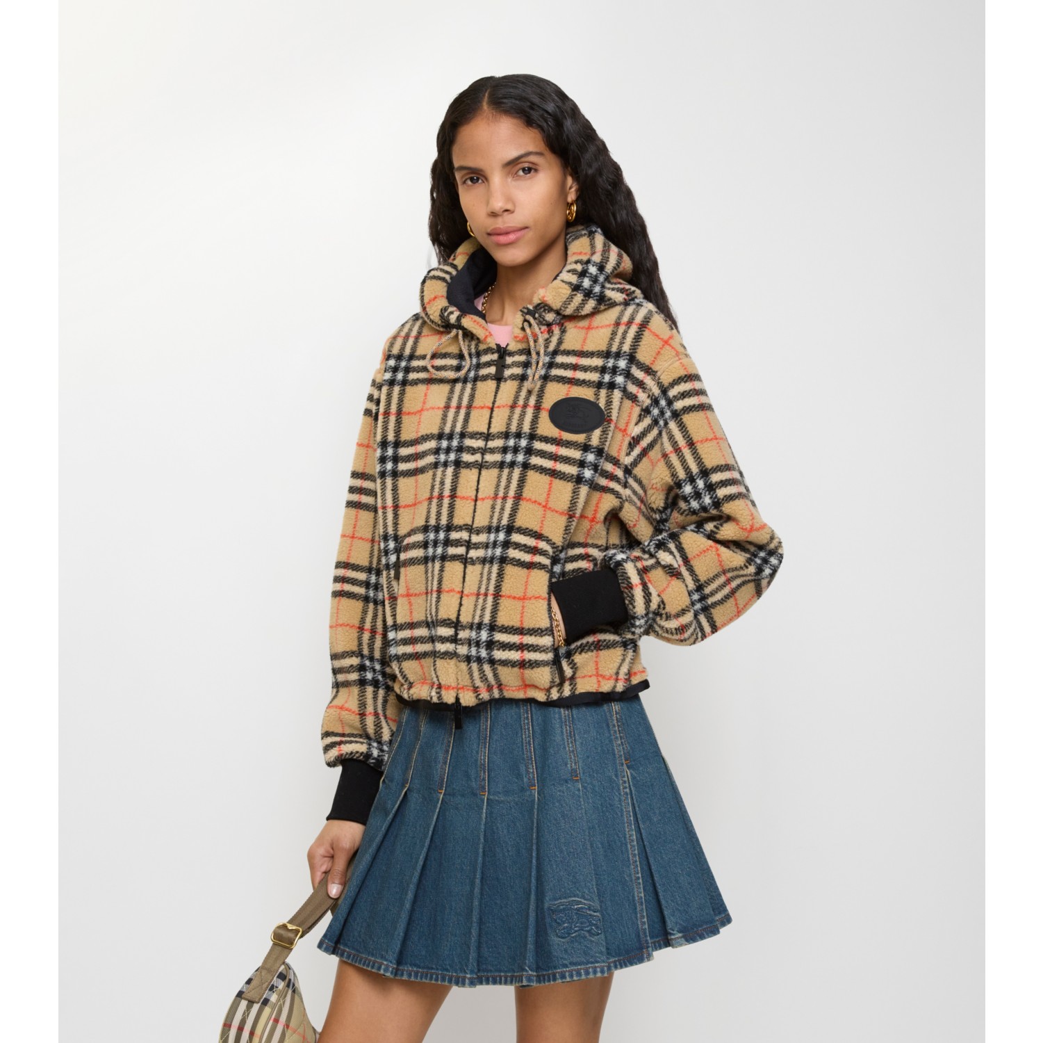 短款格纹绒头连帽外套