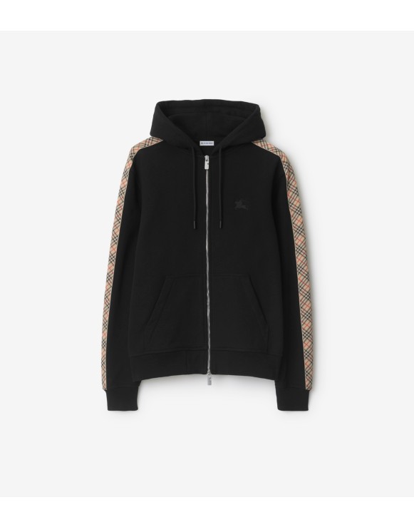 格纹装饰棉质拉链连帽衫