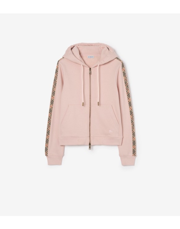 格纹装饰棉质拉链连帽衫