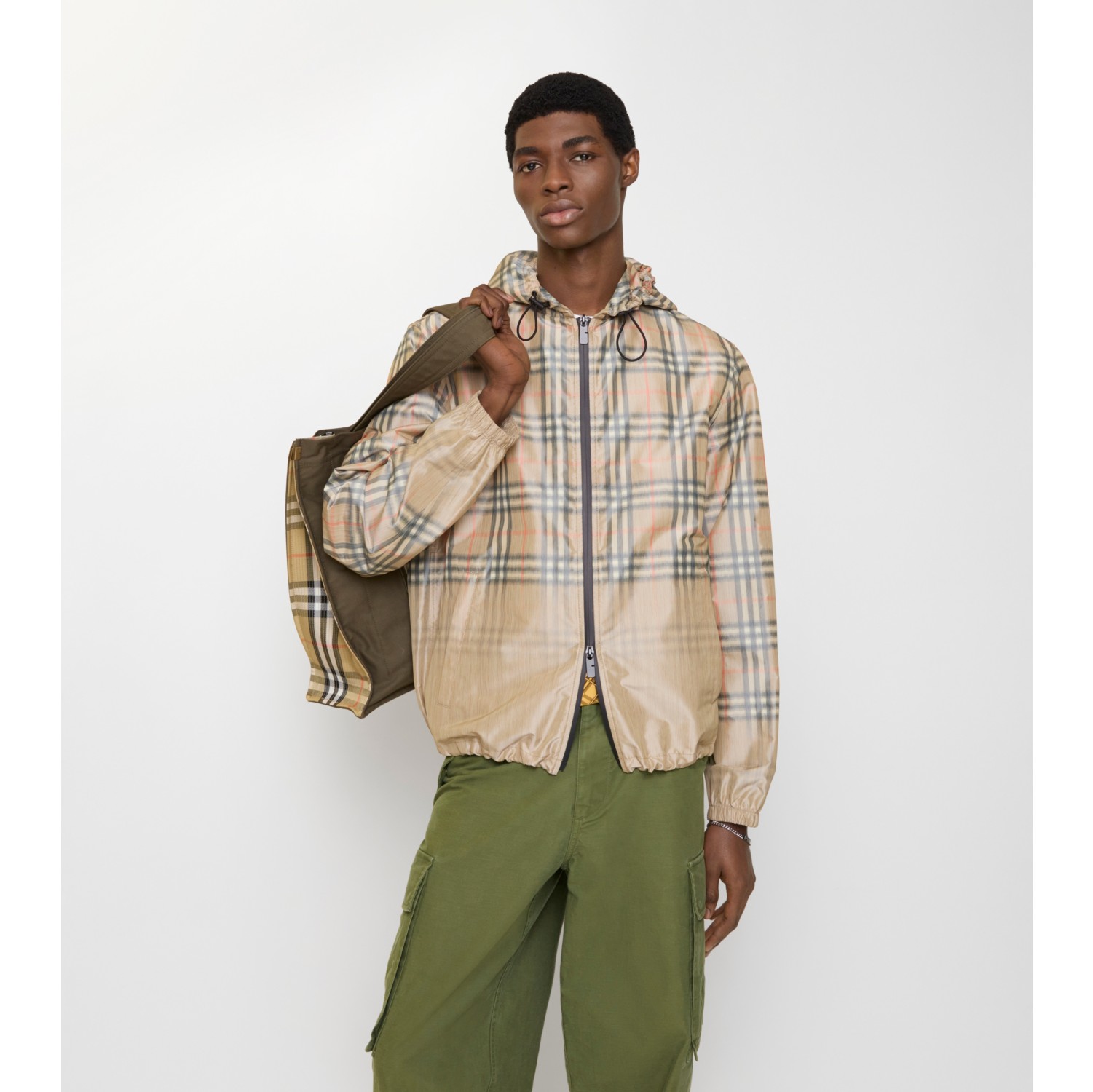 渐变格纹连帽外套