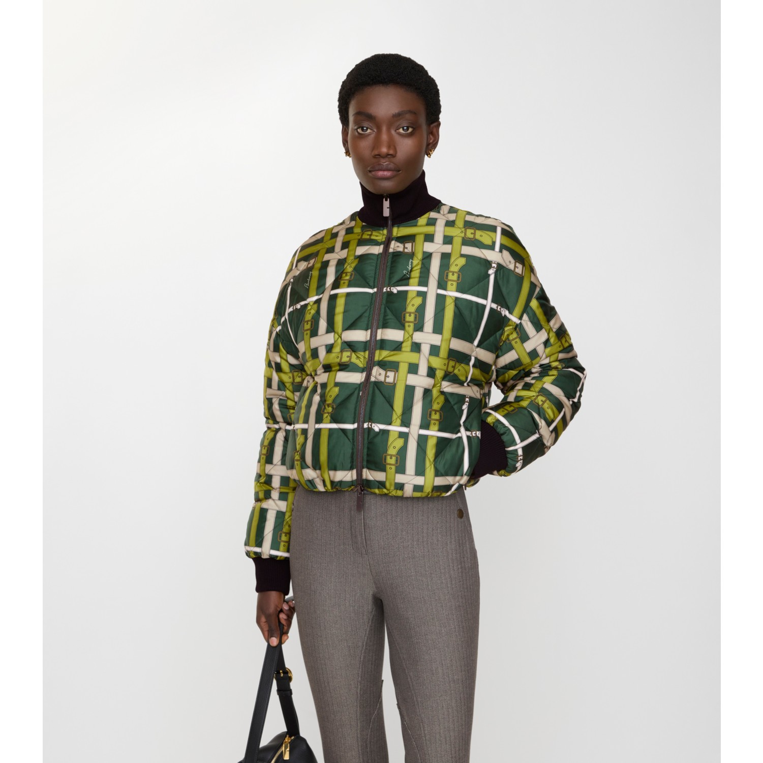 双面两穿短款腰带格纹尼龙夹克