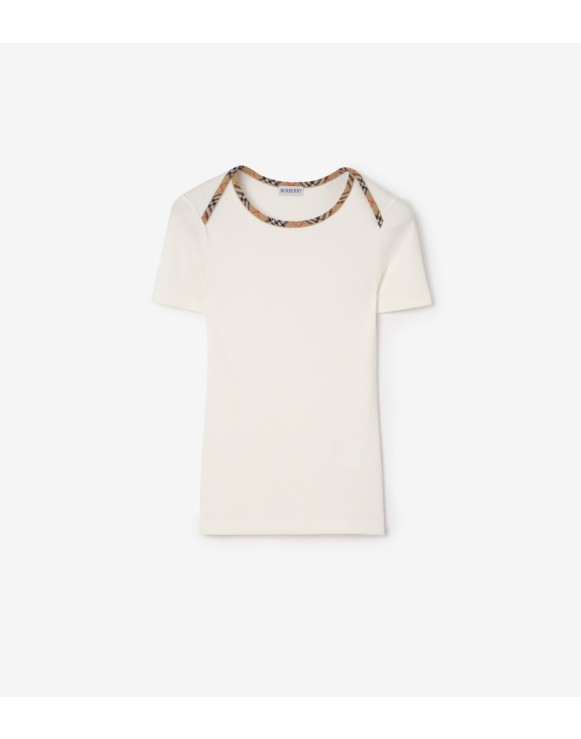 格纹装饰弹力棉质 T 恤衫