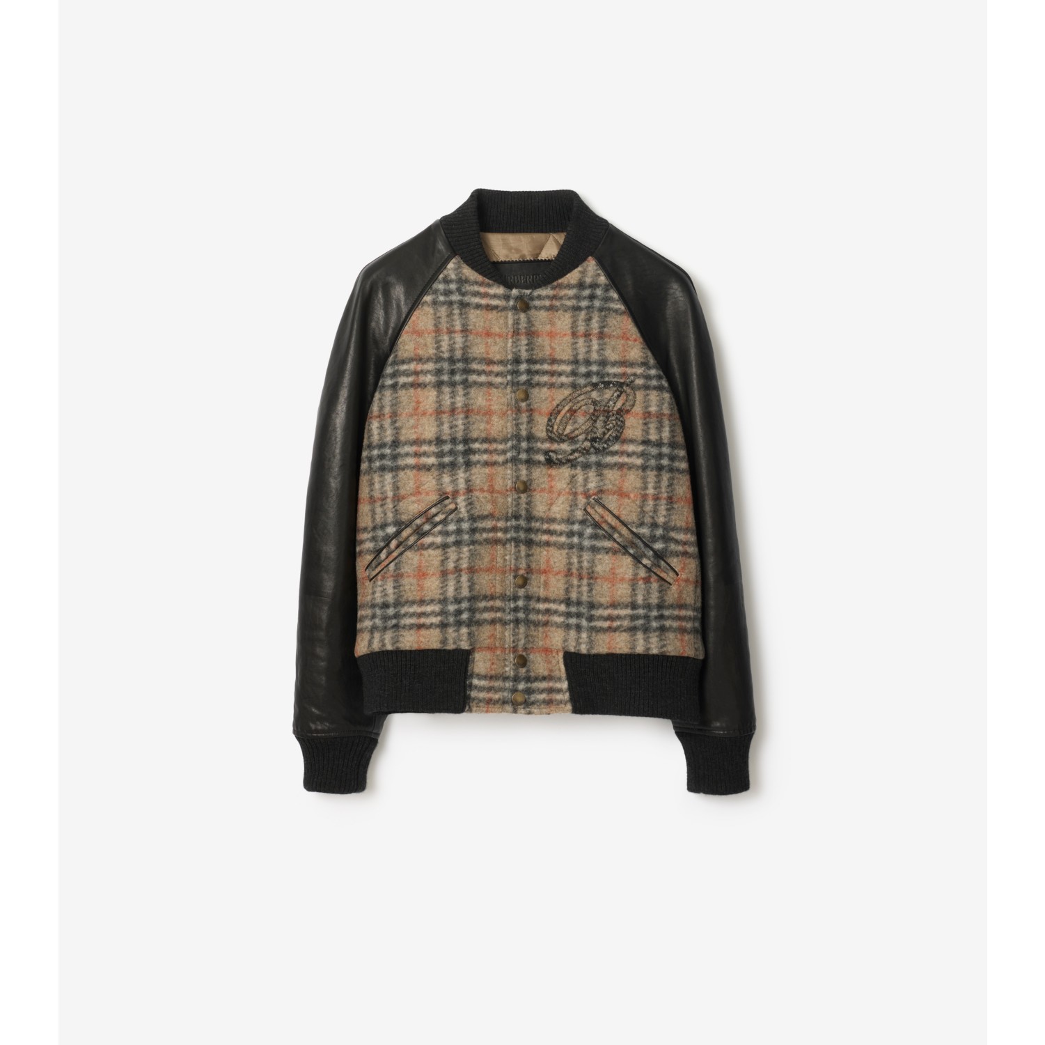 格纹羊毛拼皮革飞行夹克