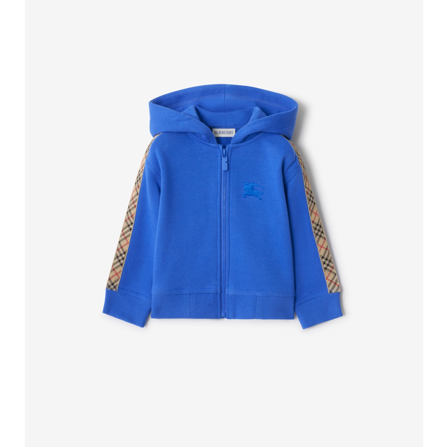 格纹装饰棉质拉链连帽衫