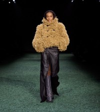 Model in Wool blend shawl collar jacket in flax 