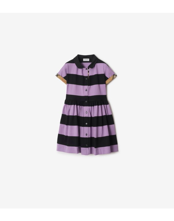 格纹饰边拼条纹棉质衬衫式连衣裙