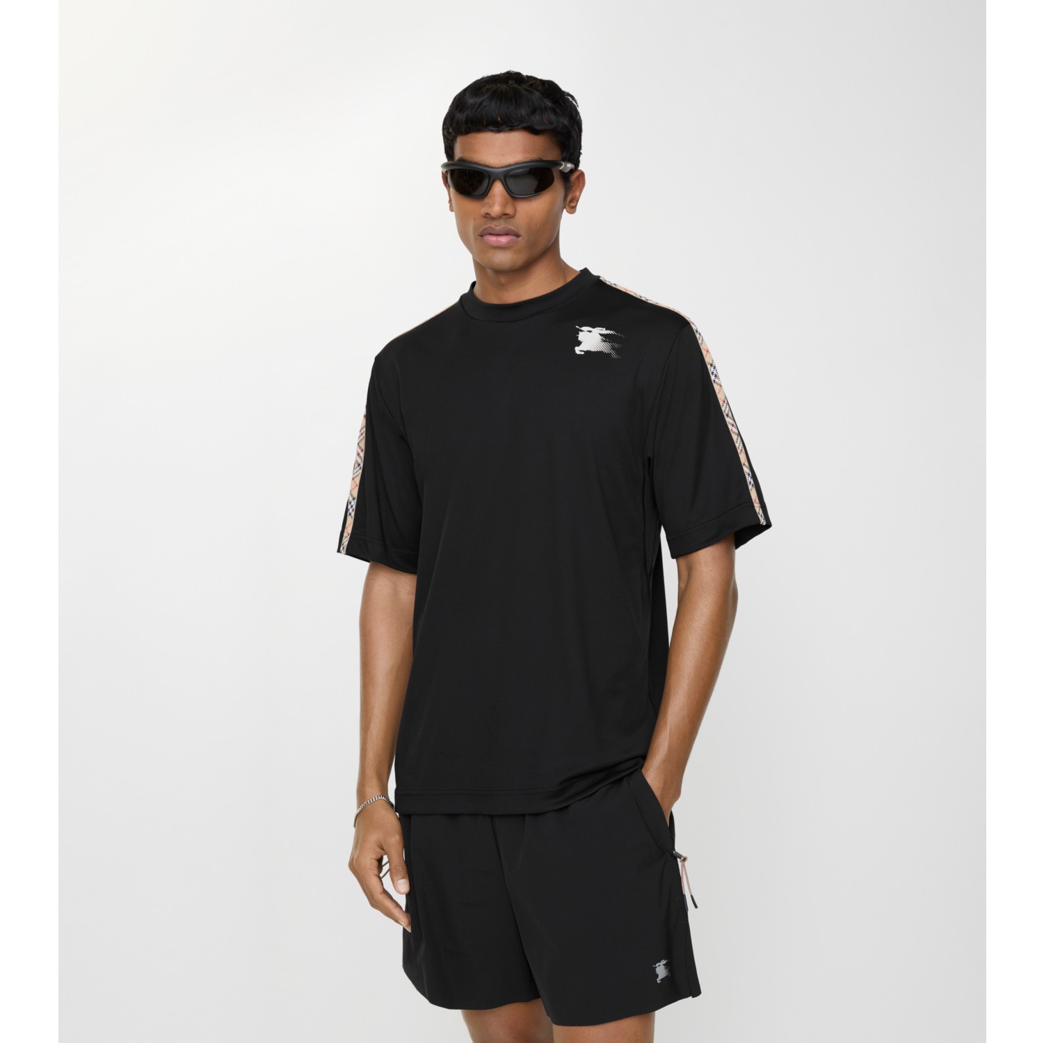 格纹装饰平织 T 恤衫