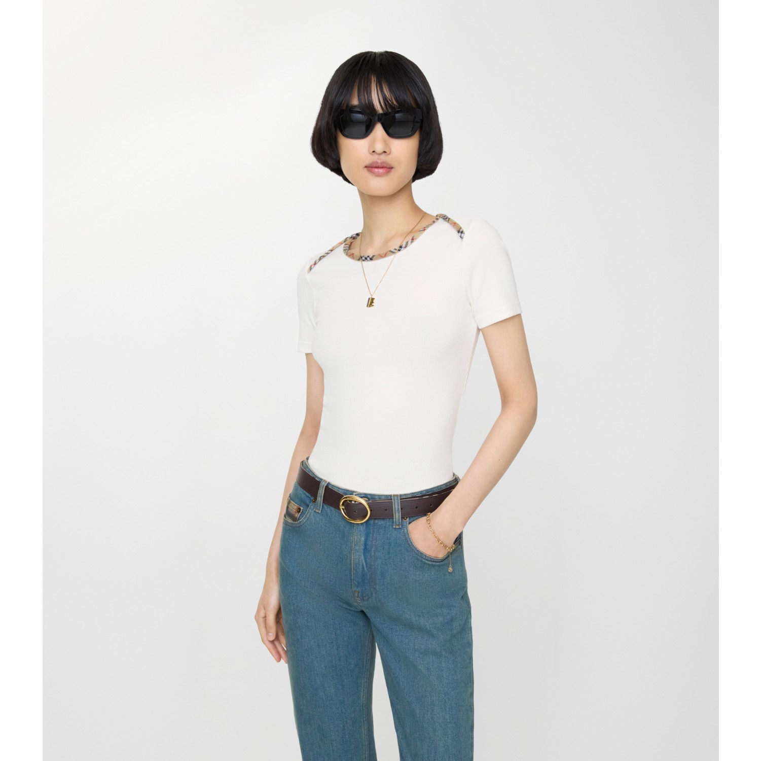 格纹装饰弹力棉质 T 恤衫