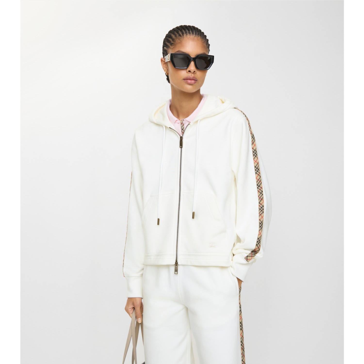 格纹装饰棉质拉链连帽衫