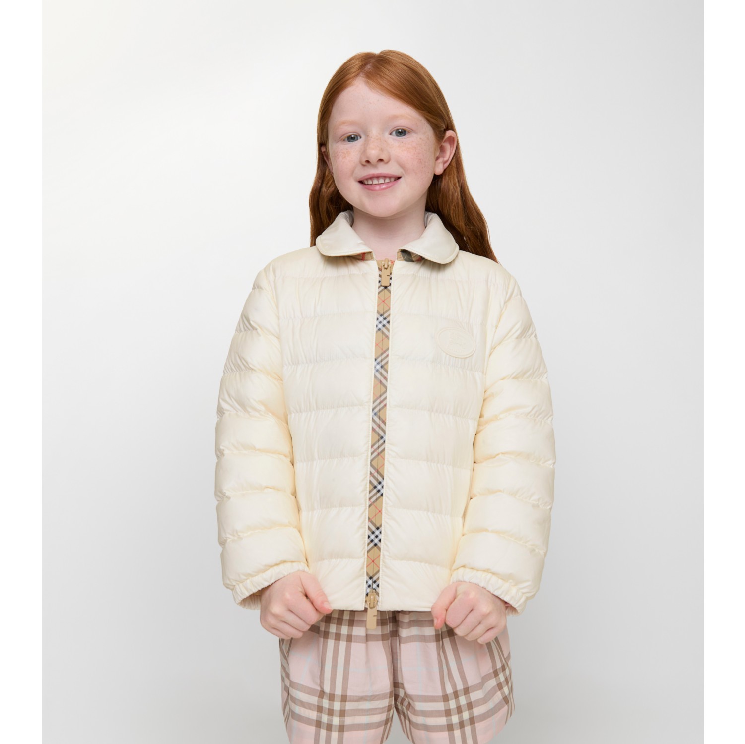 格纹饰带尼龙羽绒服